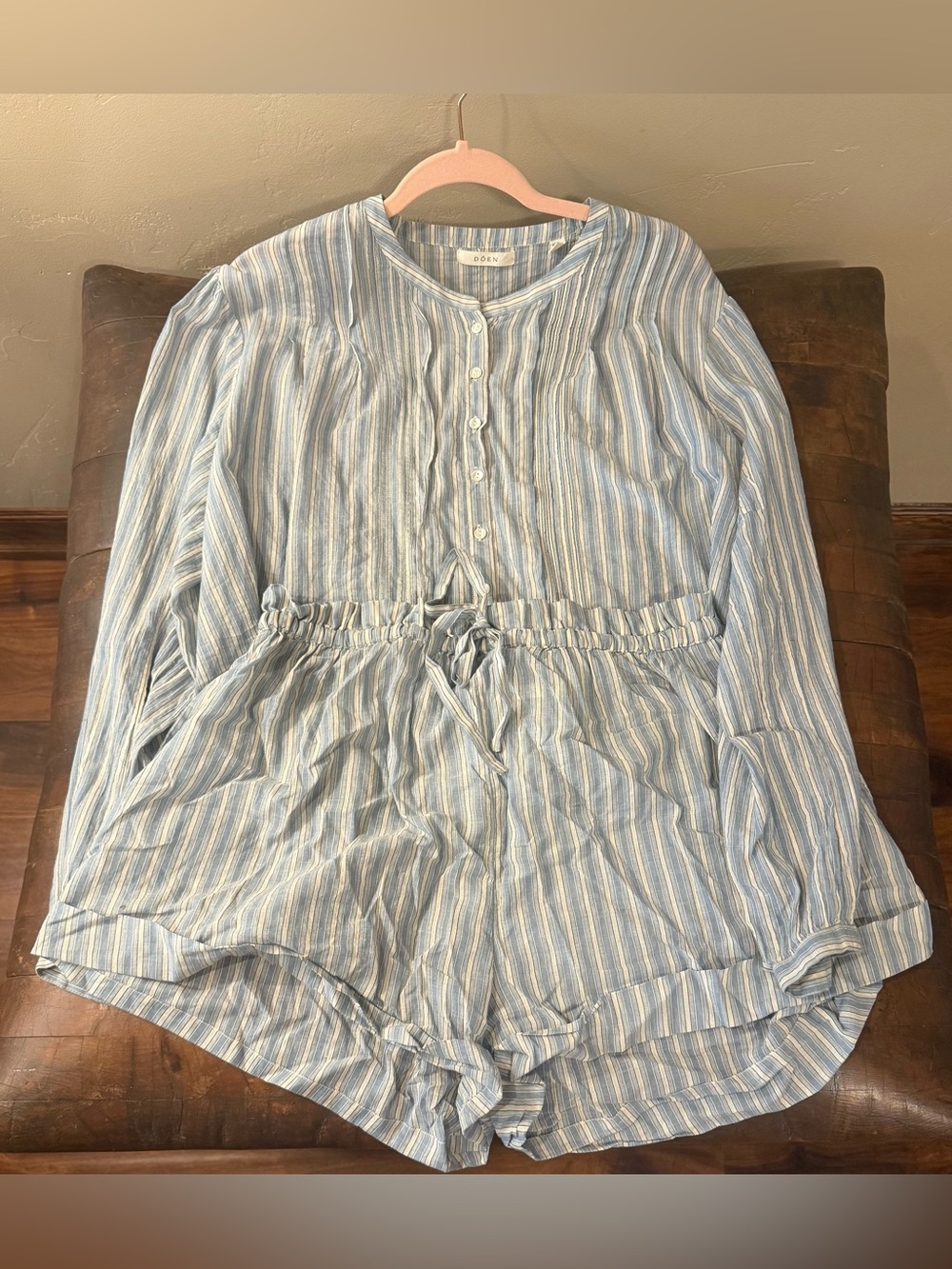 Doen blue and white striped top and short set